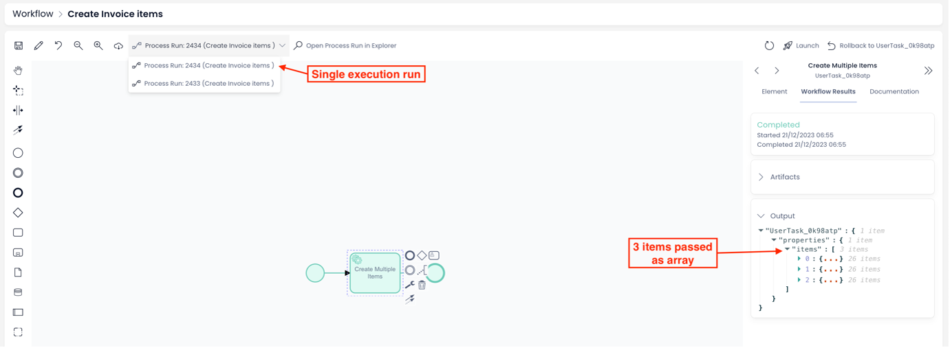 Image showing workflow is executed and the items are passed as a single array